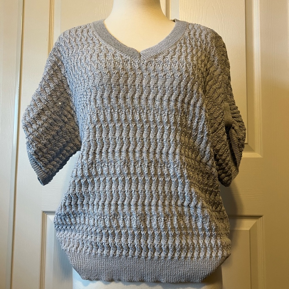 Chico's Light Gray V-Neck Short Sleeve Sweater Size 2